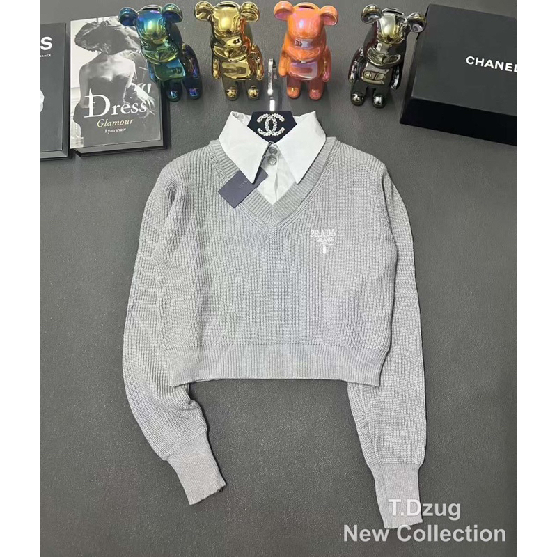 Áo len cổ sơ mi pra.da QCCC