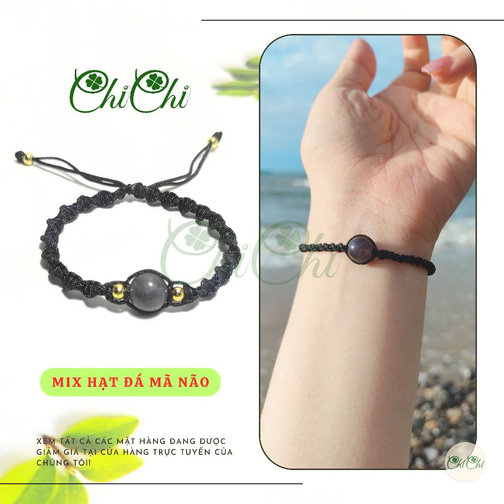 [Chi Chi] Vòng tay, lắc tay thắt dây nhiều màu mặt hạt đá màu ĐEN - MS031