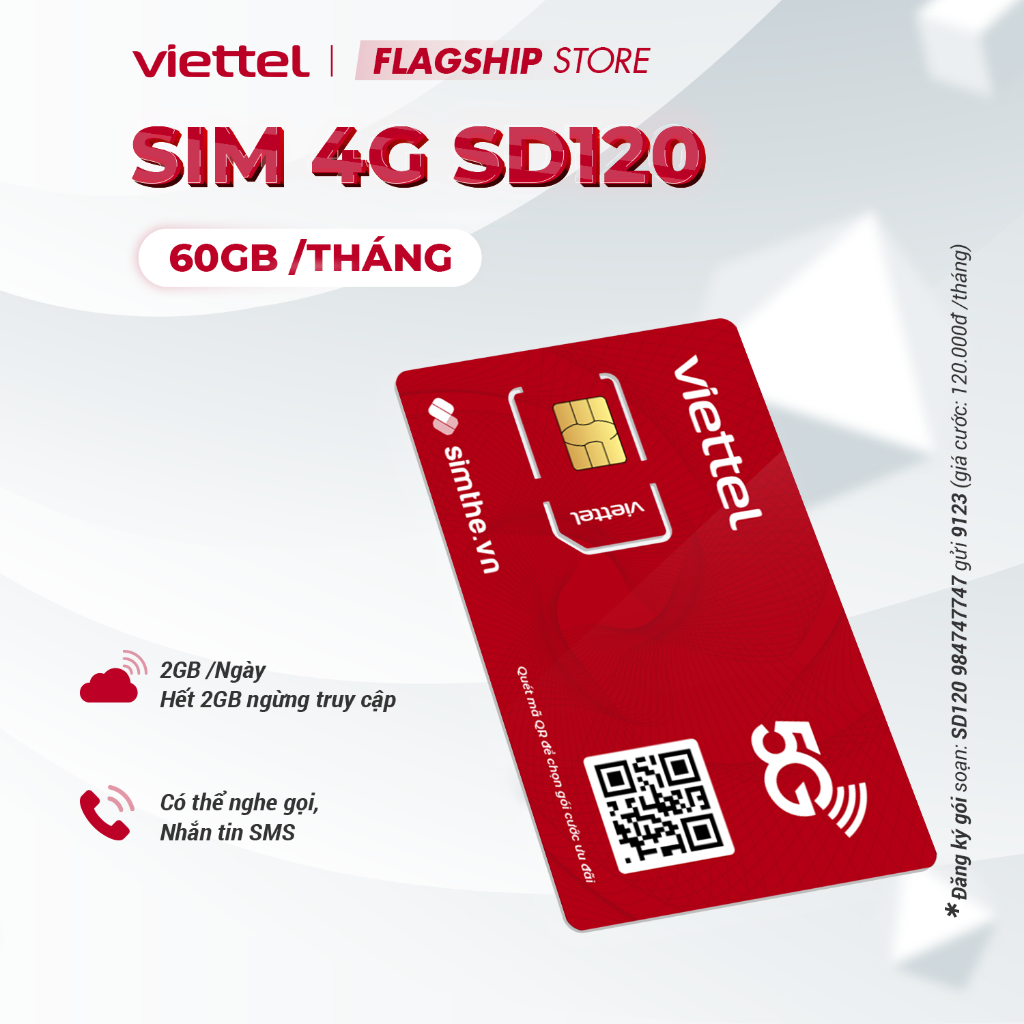 [FREE 30 NGÀY] Sim Viettel 4G SD120 Data 2GB/Ngày - 60GB/Tháng Tốc Độ Cao MAX Băng Thông. Dùng Trên Toàn Quốc 120K/Tháng