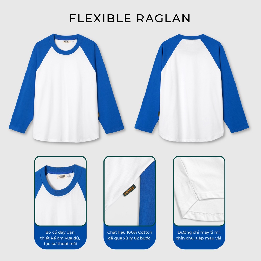 Flexible raglan White Blue | MEMS Áo thun cotton nam nữ tay dài trơn cổ tròn áo phối màu