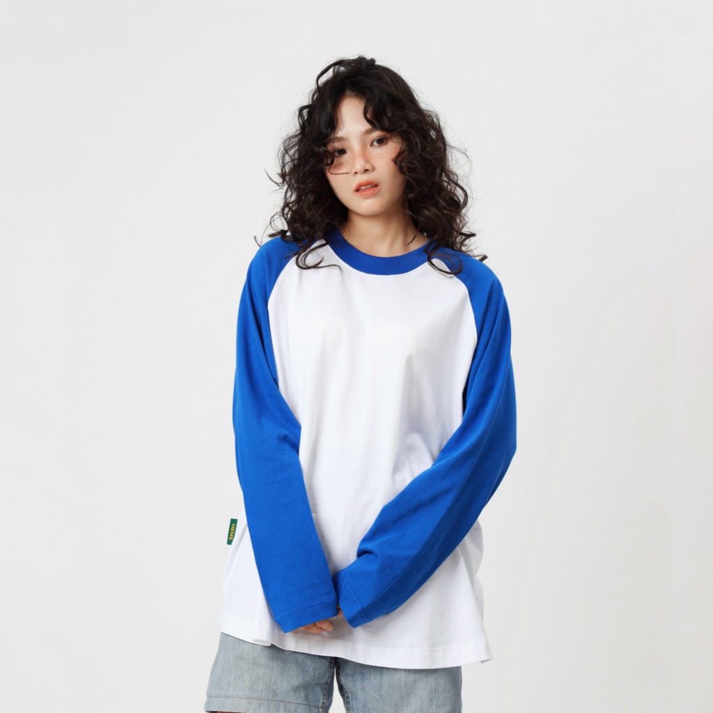 Flexible raglan White Blue | MEMS Áo thun cotton nam nữ tay dài trơn cổ tròn áo phối màu