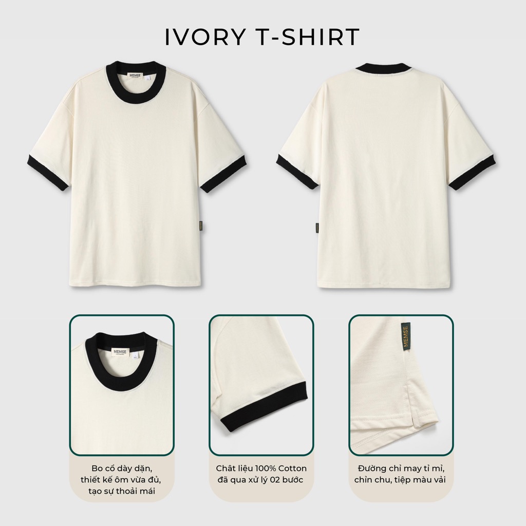 Ivory t-shirt |  MEMS Áo thun cotton tay ngắn cổ tròn trơn phối bo cổ điển nam nữ
