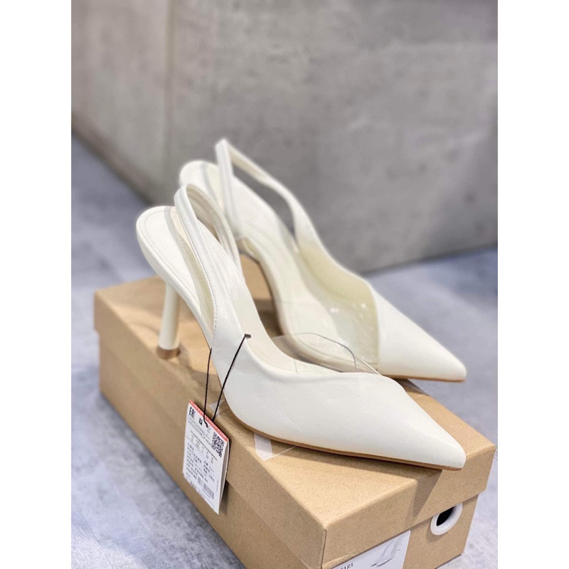 Giày sandal cao gót Z.r mũi nhọn phối mica trong gót nhọn cao 8cm màu kem phong cách cá tính hàng Fullbox mới