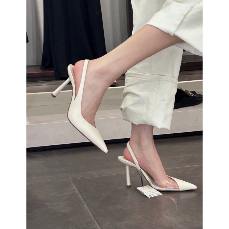 Giày sandal cao gót Z.r mũi nhọn phối mica trong gót nhọn cao 8cm màu kem phong cách cá tính hàng Fullbox mới