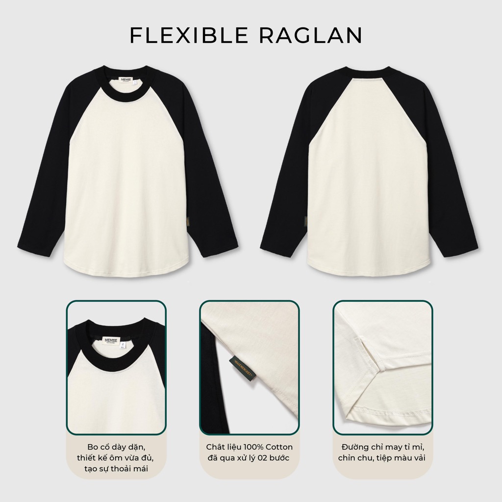 Flexible raglan Black - MEMS Áo thun nam tay dài trơn cổ tròn dài tay cotton áo phối màu nam nữ