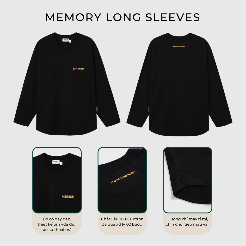Memory long sleeves | MEMS Áo thun cotton nam nữ tay dài trơn cổ tròn in slogan