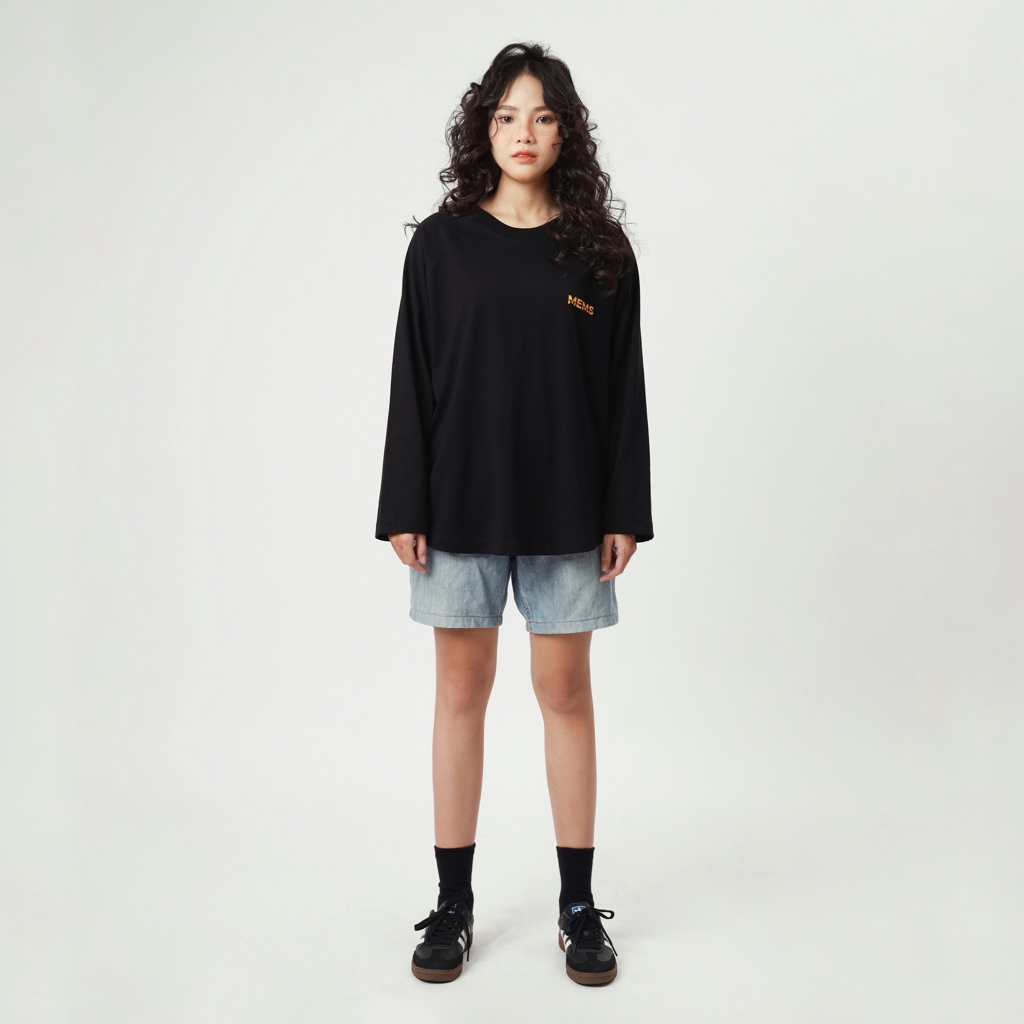 Memory long sleeves | MEMS Áo thun cotton nam nữ tay dài trơn cổ tròn in slogan