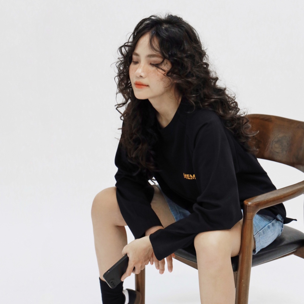 Memory long sleeves | MEMS Áo thun cotton nam nữ tay dài trơn cổ tròn in slogan