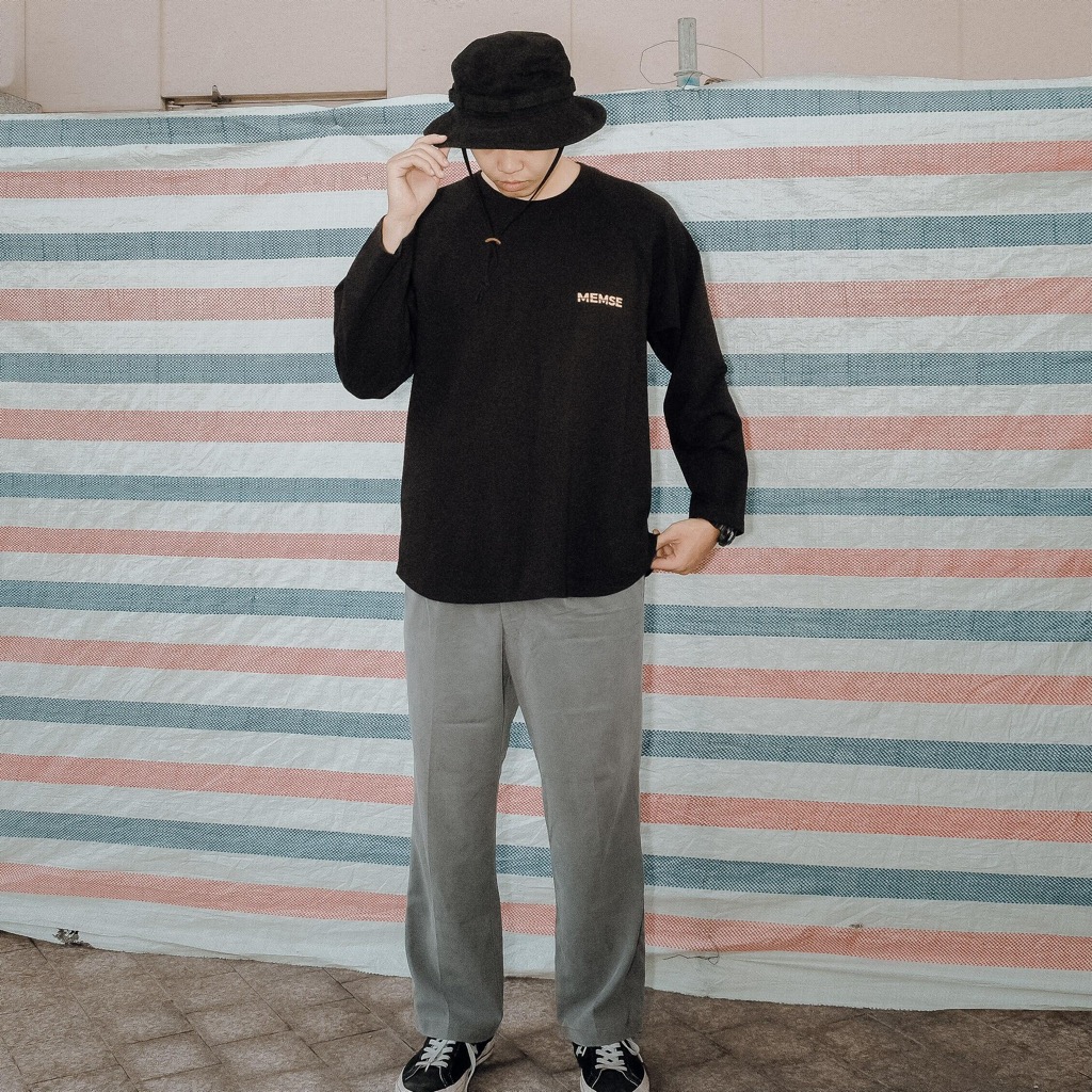 Memory long sleeves | MEMS Áo thun cotton nam nữ tay dài trơn cổ tròn in slogan