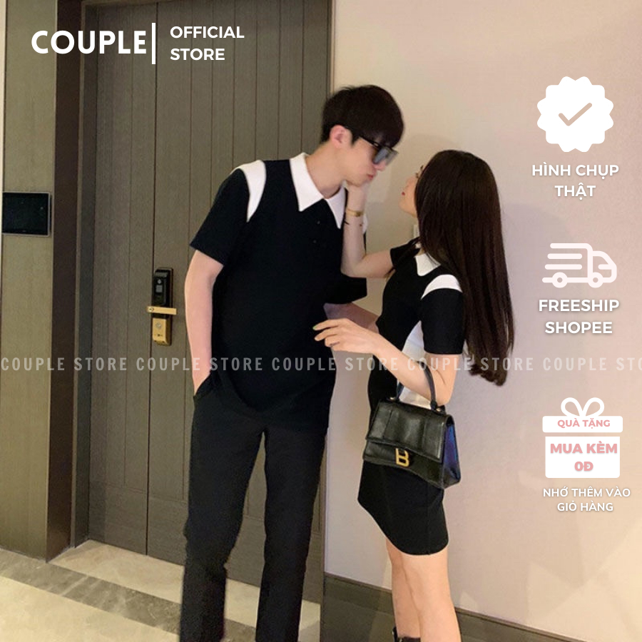 Đồ đôi nam nữ couple đáng yêu dễ thương - Set đồ thun cặp polo đi dạo phố đen phối trắng - Đồ đôi nam nữ