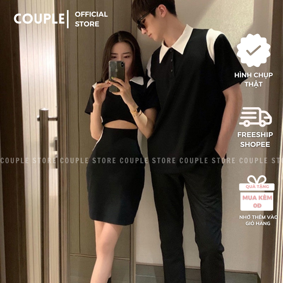 Đồ đôi nam nữ couple đáng yêu dễ thương - Set đồ thun cặp polo đi dạo phố đen phối trắng - Đồ đôi nam nữ
