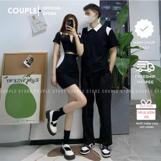 Đồ đôi nam nữ couple đáng yêu dễ thương - Set đồ thun cặp polo đi dạo phố đen phối trắng - Đồ đôi nam nữ