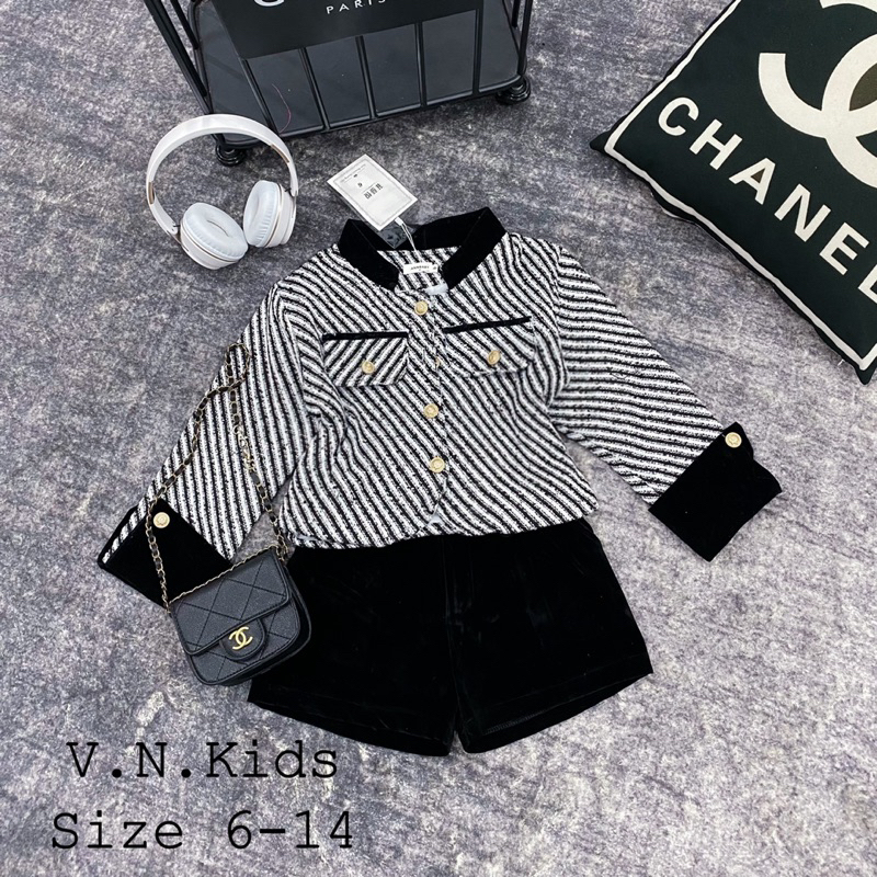 Set áo dạ kẻ + quần sóc nhung cho Bé đón Thu đông size 19kg - 43kg