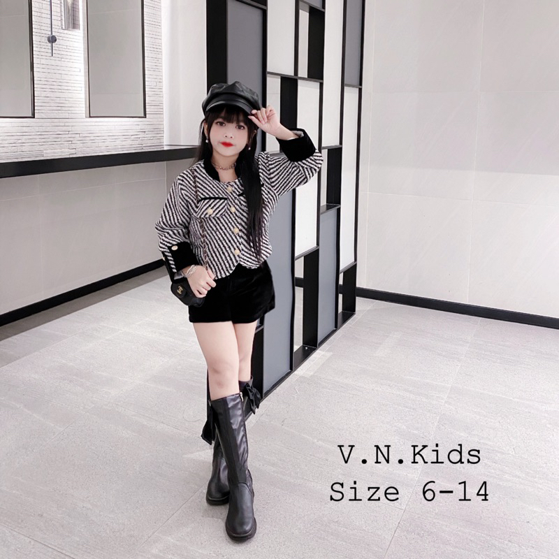 Set áo dạ kẻ + quần sóc nhung cho Bé đón Thu đông size 19kg - 43kg