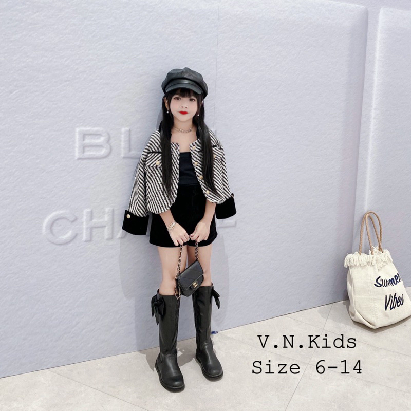 Set áo dạ kẻ + quần sóc nhung cho Bé đón Thu đông size 19kg - 43kg