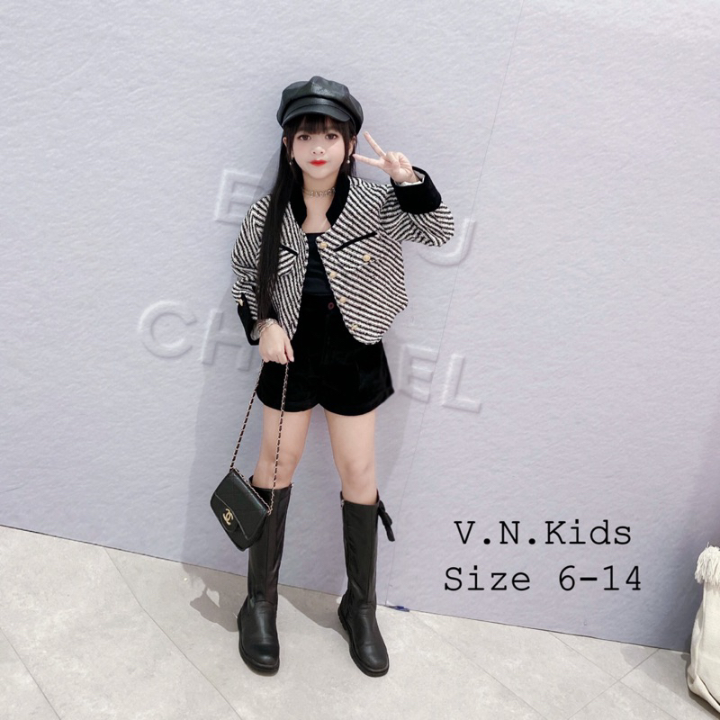 Set áo dạ kẻ + quần sóc nhung cho Bé đón Thu đông size 19kg - 43kg