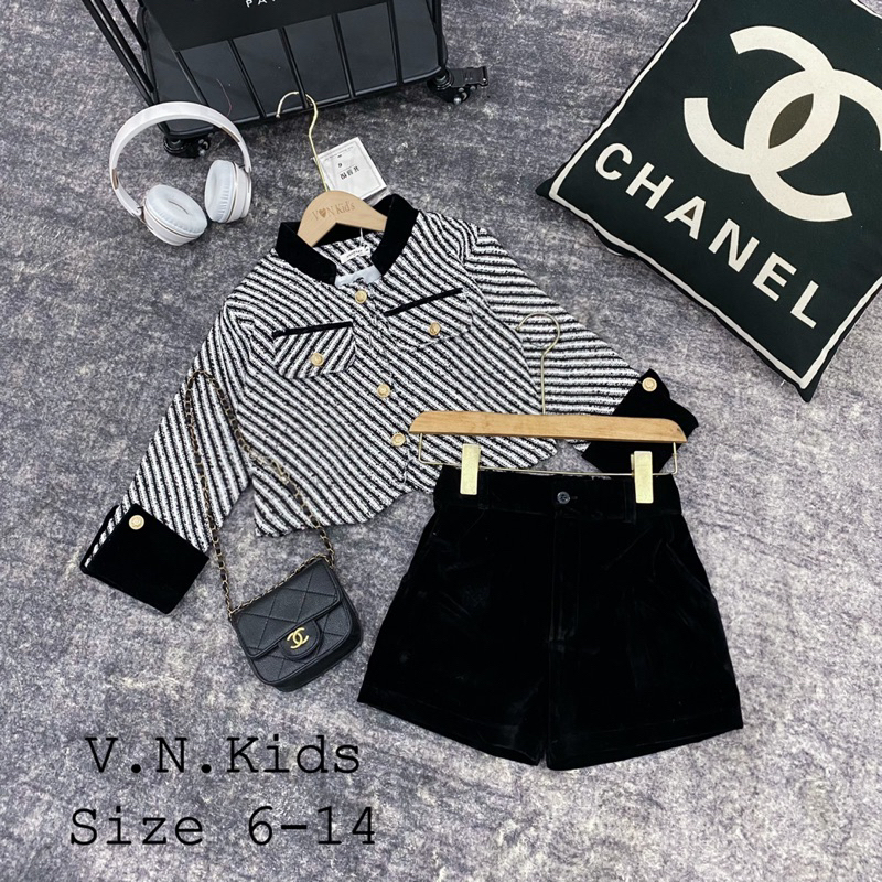 Set áo dạ kẻ + quần sóc nhung cho Bé đón Thu đông size 19kg - 43kg