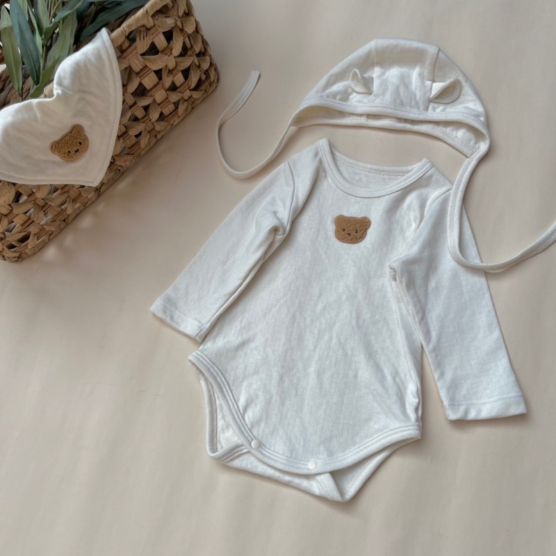 Sét Body gấu thêu kèm mũ chất liệu cotton trần bông xuất hàn siêu xịn