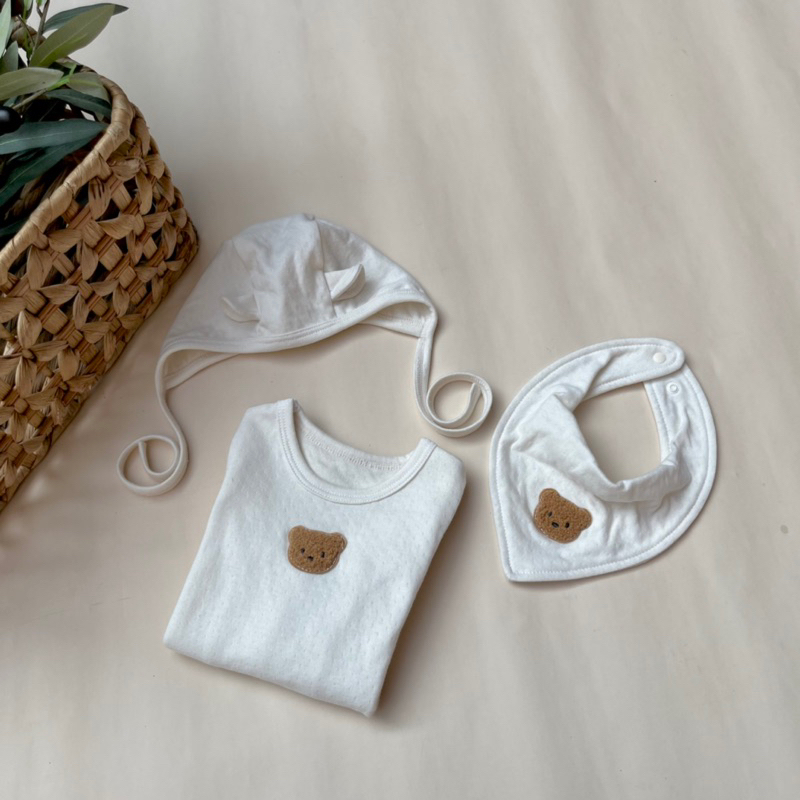 Sét Body gấu thêu kèm mũ chất liệu cotton trần bông xuất hàn siêu xịn