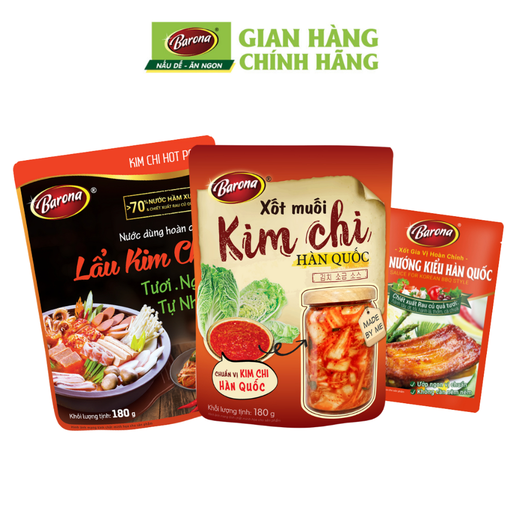 Combo 1 gói Xốt Muối Kim Chi Barona 180g + 1 Gói Nước dùng lẩu Kim Chi Barona 180g + 1 gói gia vị Nướng Hàn Quốc Barona