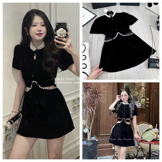 Váy nhung cổ bèo khoét eo viền ngọc hot hit Vải nhung cứng QC cao cấp, cổ viền bèo, khoá lưng dễ mặc