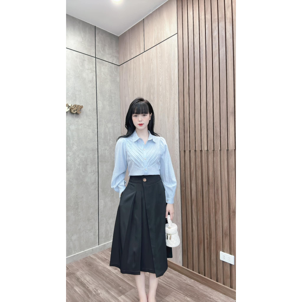 Áo sơ mi tơ xếp ly ngực vải lụa tơ