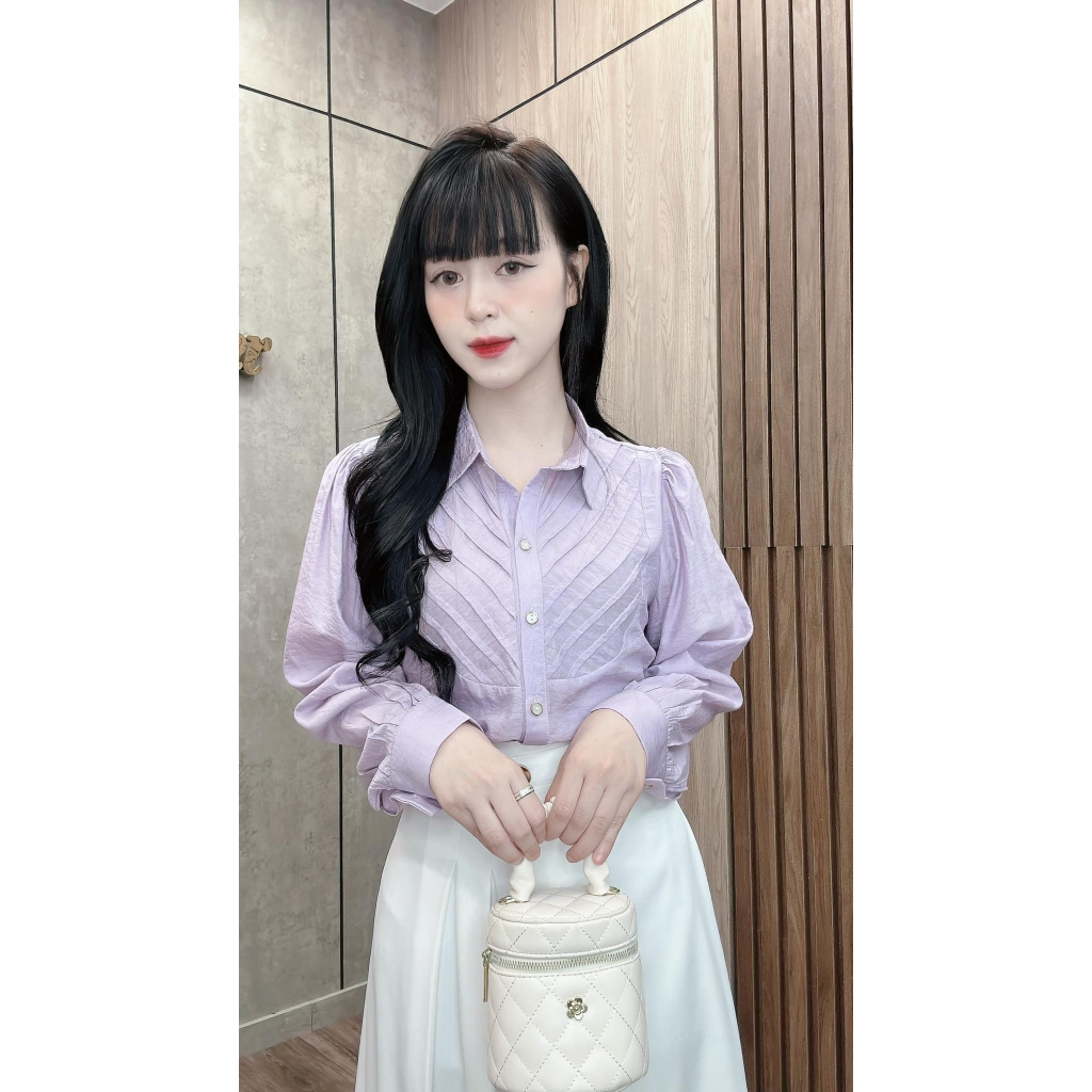 Áo sơ mi tơ xếp ly ngực vải lụa tơ