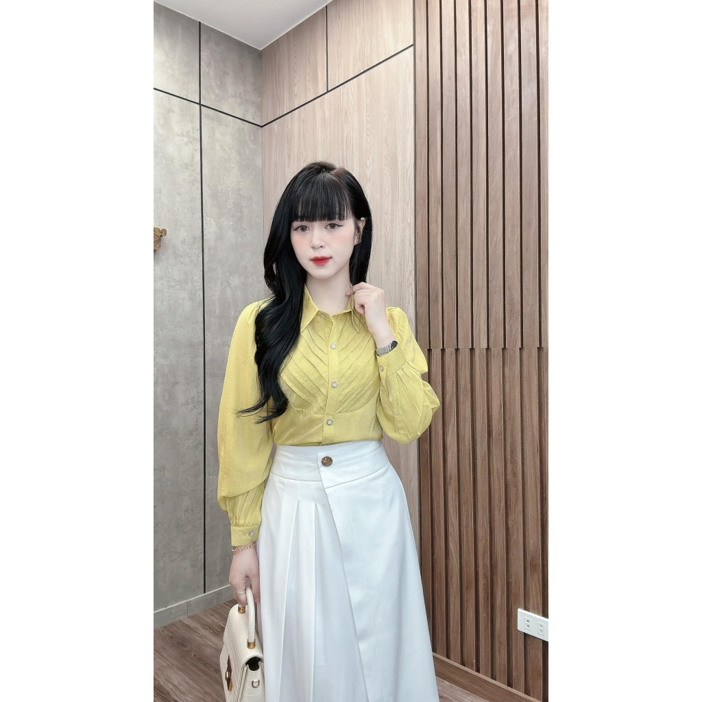 Áo sơ mi tơ xếp ly ngực vải lụa tơ