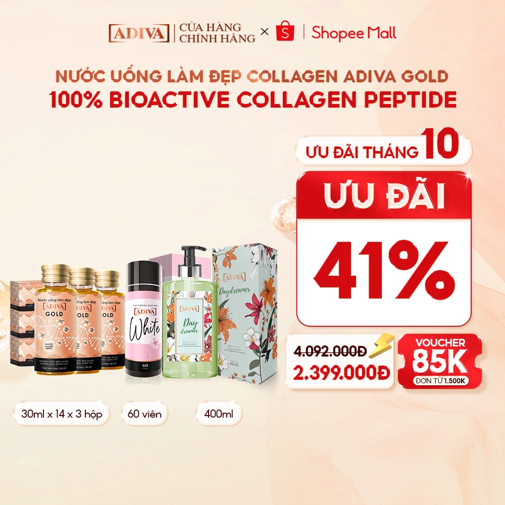 Combo 3 Hộp Collagen ADIVA Gold (14 Chai/Hộp) Tặng Combo Viên Uống Trắng Da White 60 Viên + 1 Sữa Tắm Day Dreamer 400ml