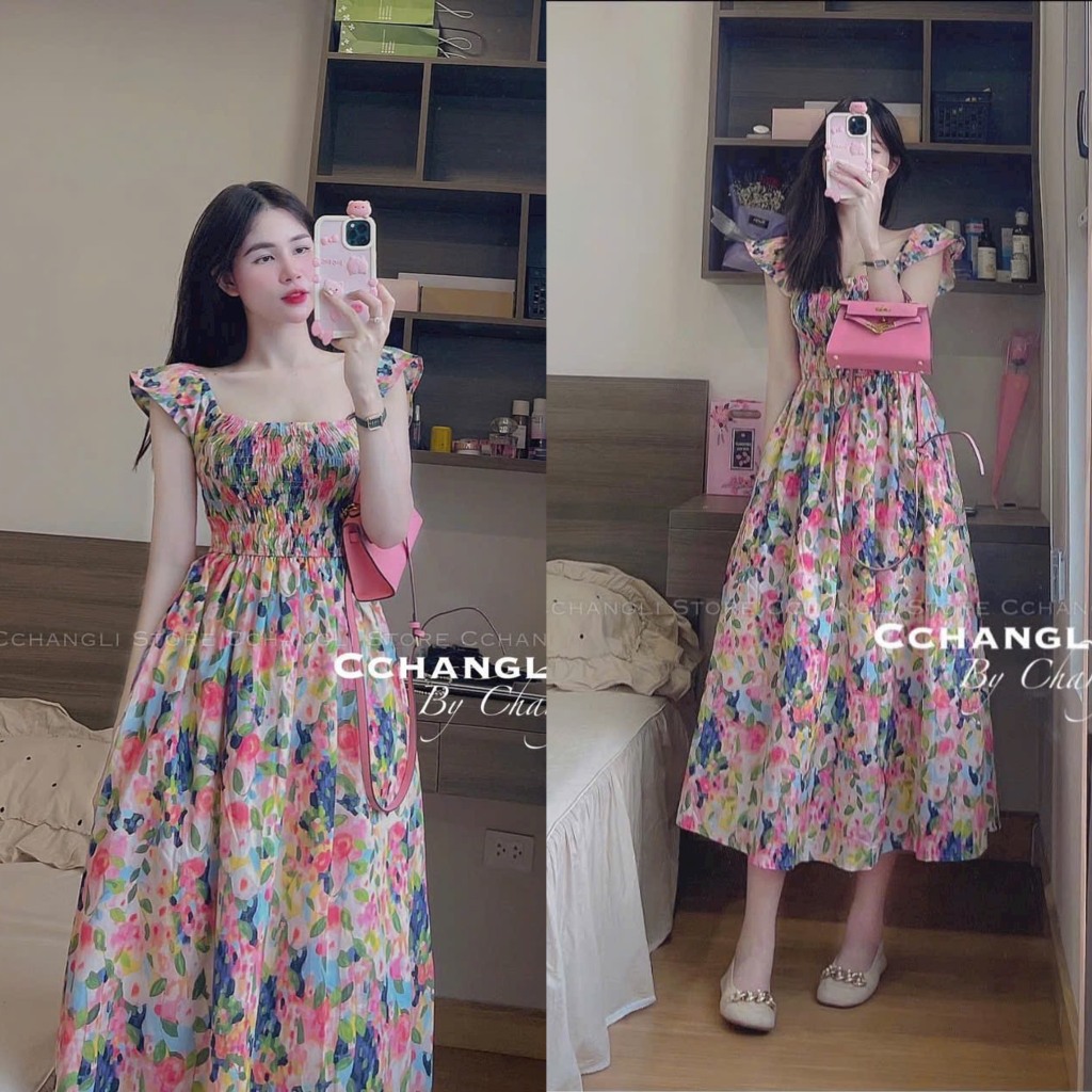 Đầm váy nữ voan hoa đa sắc chạy mocking thân, tay cánh tiên xinh xắn, dáng xòe bồng bềnh cho các nàng dự tiệc, đi biển