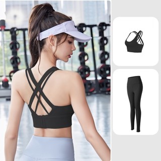 Bộ đồ tập Gym Yoga nữ 2 món áo bra đan dây chỉnh được vòng ngực và quần dài legging body tôn dáng nâng mông
