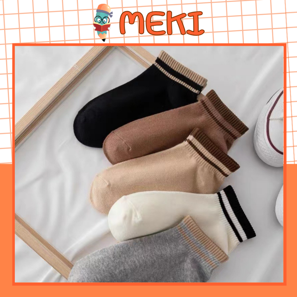 Tất Cổ Ngắn Nam Nữ Chất Vải Cotton Thoáng Mát, Màu Nâu Đen Vintage Họa Tiết Sọc Ngang MEKI