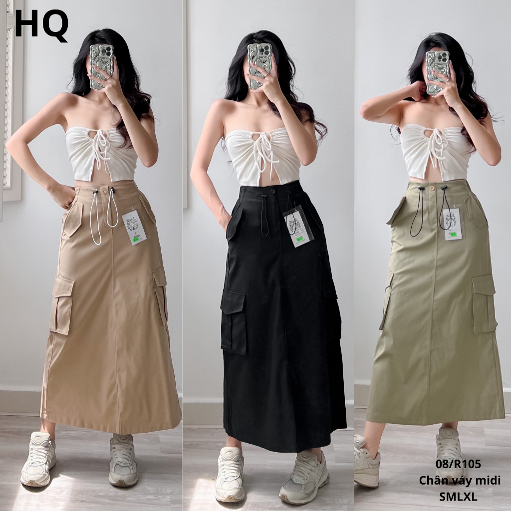 [OFF 30%]HQJeans Chân váy midi kaki túi hộp kèm dây rút điều chỉnh cá tính mẫu thiết kế mới HQ135