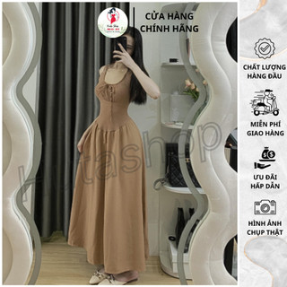 Đầm ba lỗ cổ vuông phối dây yếm Huta, đầm dáng dài thiết kế bó eo tôn dáng, chất gân mix kate Thái dày dặn cao cấp