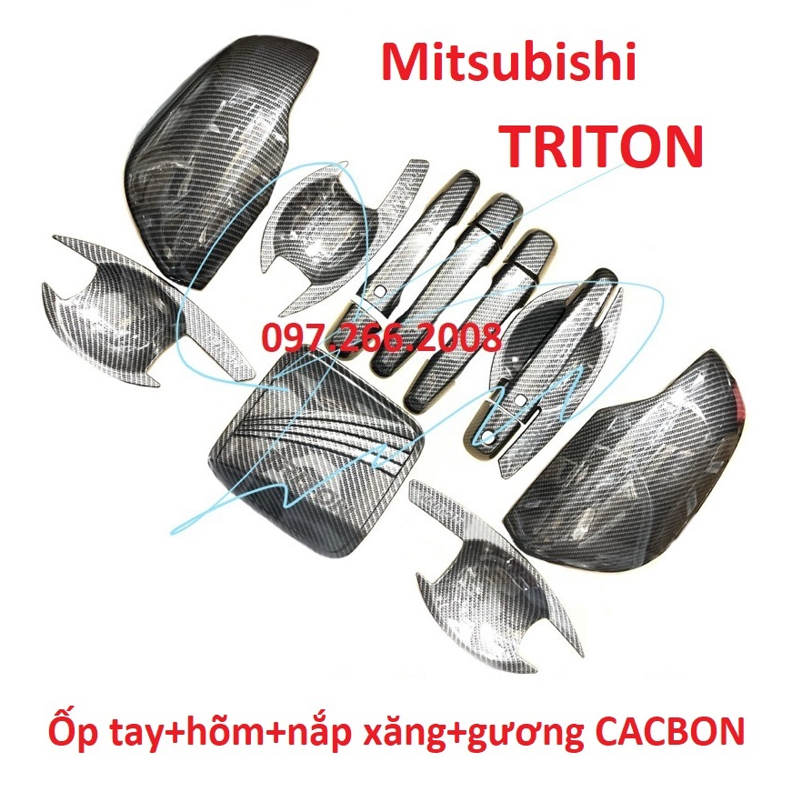 Ốp tay nắm, hõm cửa, nắp xăng, ốp gương CACBON xe Triton 2019 - 2023 vân carbon cao cấp