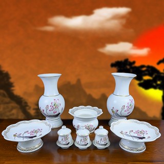 Bộ Thờ cúng 2060 lư,bình,dĩa,bi nước ,án 3,án 5 họa tiết trắng phối sen mẫu mới- phật giáo tường thuận