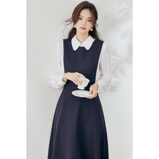 Đầm công sở tiểu thư cổ sơ mi tay dài xanh đen phối trắng