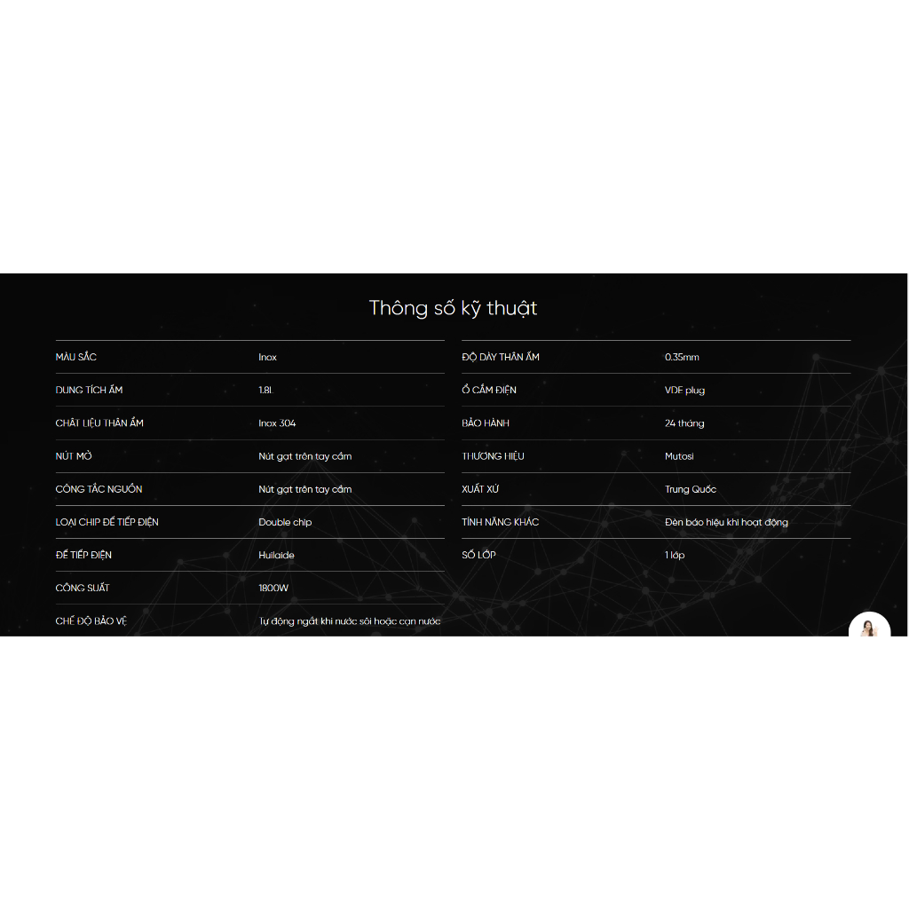 Ấm siêu tốc MUTOSI MK-10I, Inox 304, Công suất 1800W, Bảo hành 24 tháng