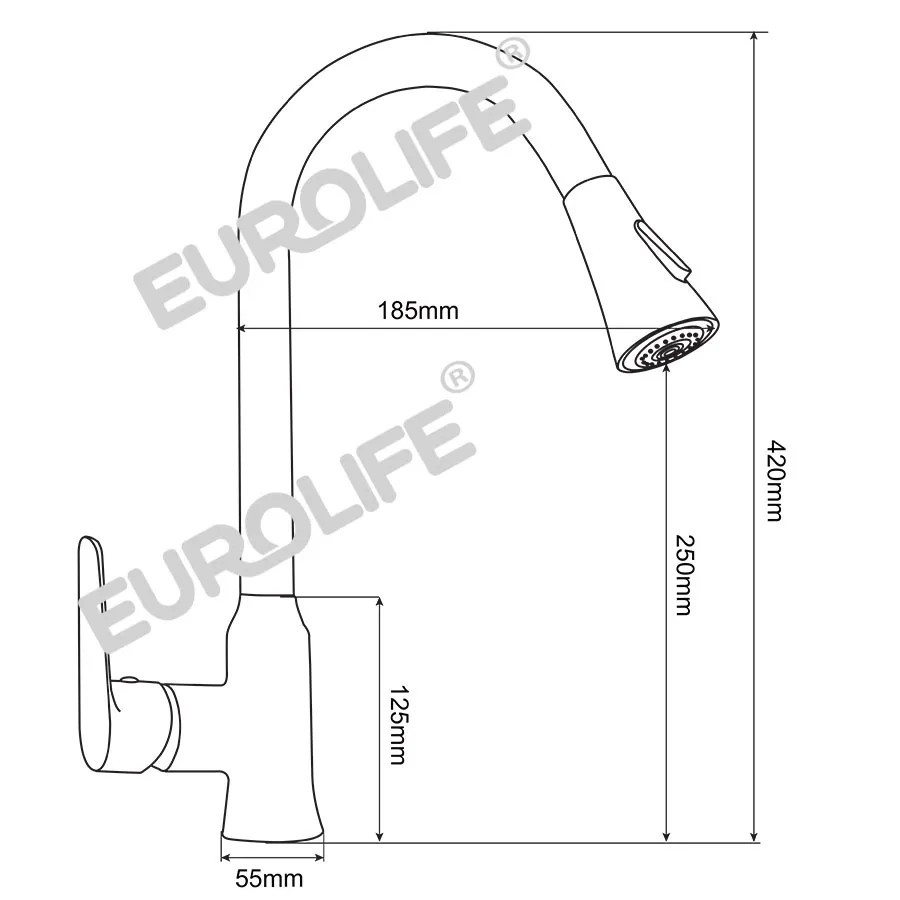 Vòi rửa chén nóng lạnh dây kéo Đồng mạ Chrome Eurolife EL-KM05 (Trắng bạc)