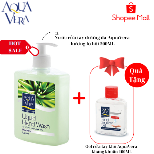 [Tặng gel khô 100ml] Nước rửa tay dưỡng chất Aquavera  tinh chất lô hội 500ml