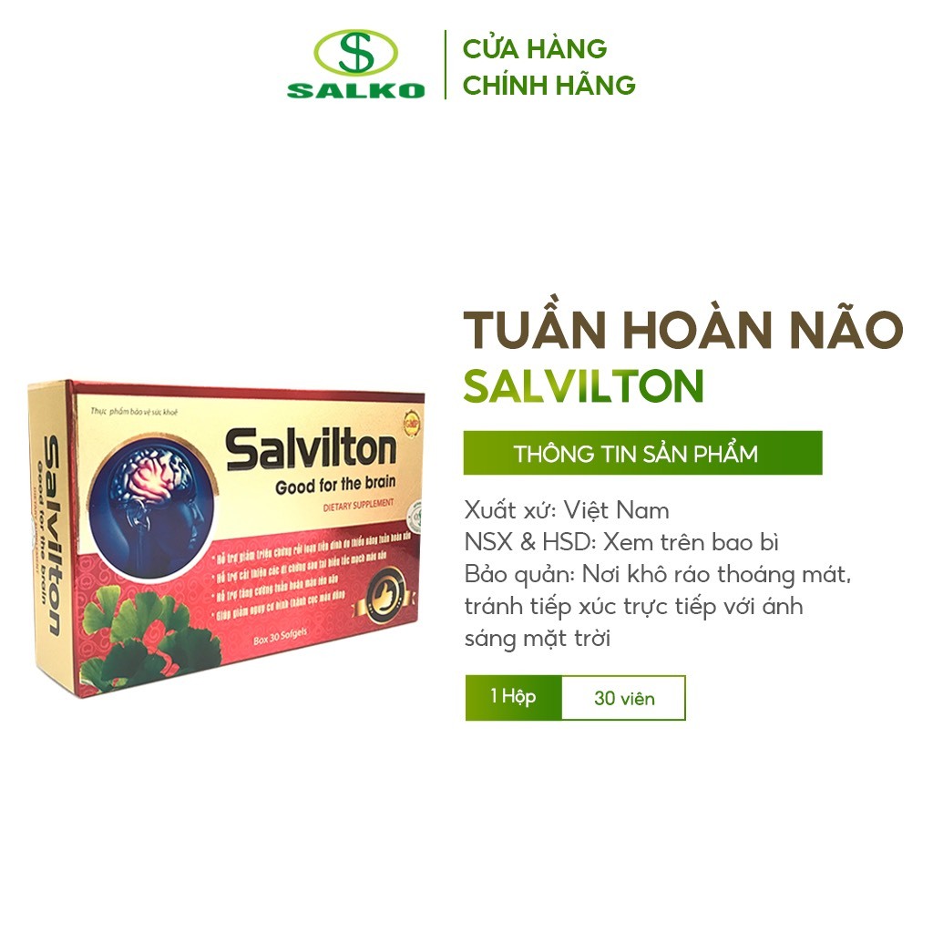 Tuần hoàn não SALVILTON chính hãng SALKO, viên uống giúp bổ não, tuần hoàn não, ngừa thiếu máu não, mất ngủ, Hộp 30 viên