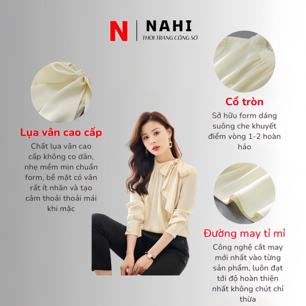 ￼Áo sơ mi lụa tay dài cổ tròn thắt nơ thời trang công sở thu đông A1