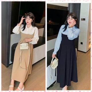 Đầm bầu Váy suông dài tay phối sơ mi thiết kế đẹp giá rẻ cho mẹ bầu công sở trong mùa lạnh V116