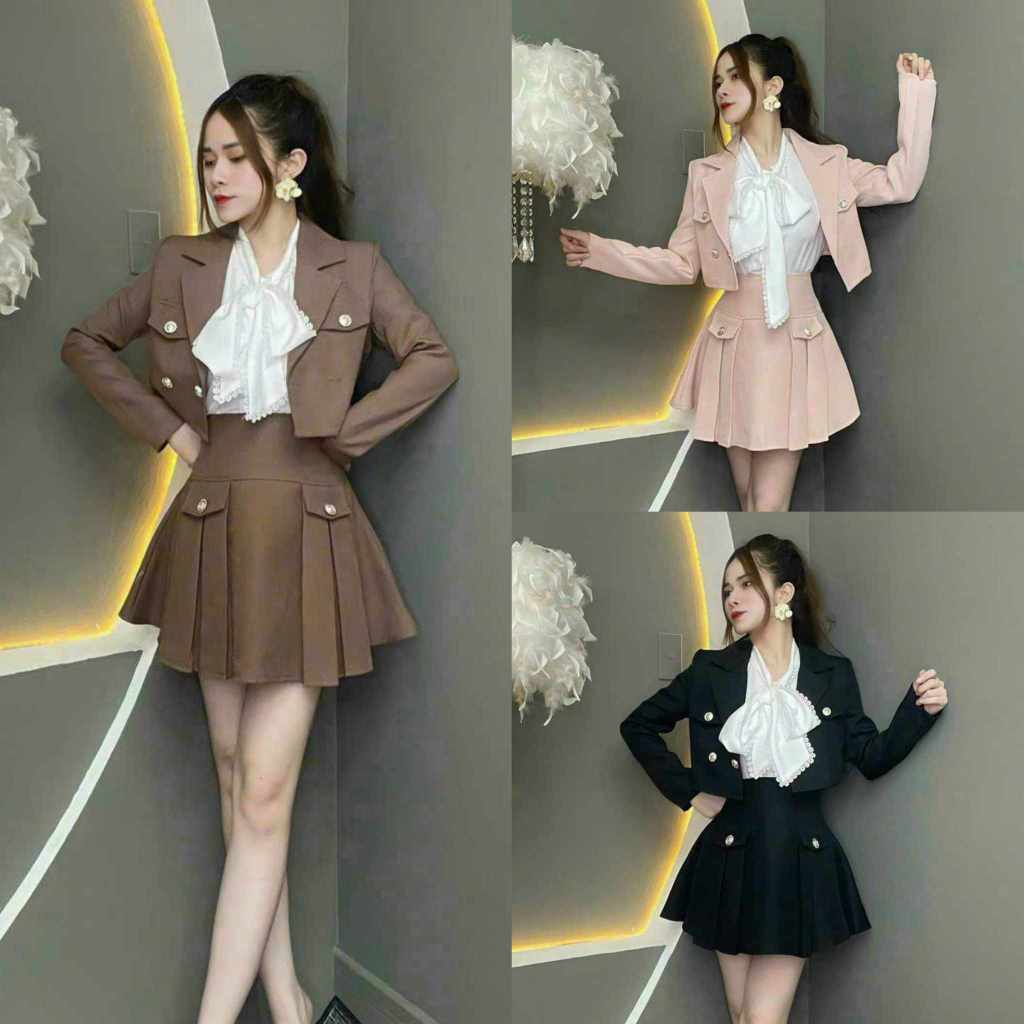 Sét Đồ nữ 3 món áo vest nơ tay dài, váy xếp ly mini vải tuyết mưa cao cấp