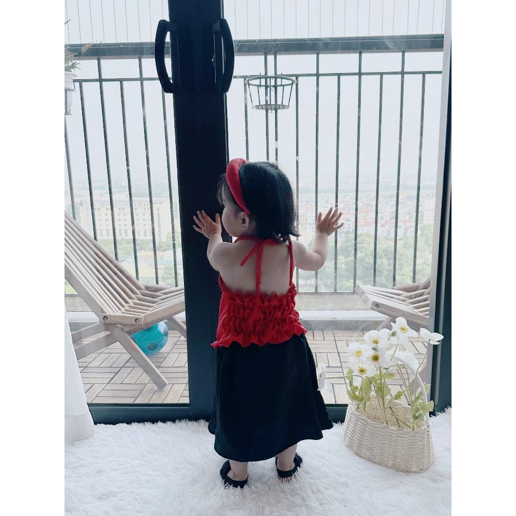 Set áo yếm hoa sen + chân váy, yếm Tết 2024 vải đũi vân mây cho bé gái 8-26kg- Ngọc Kids