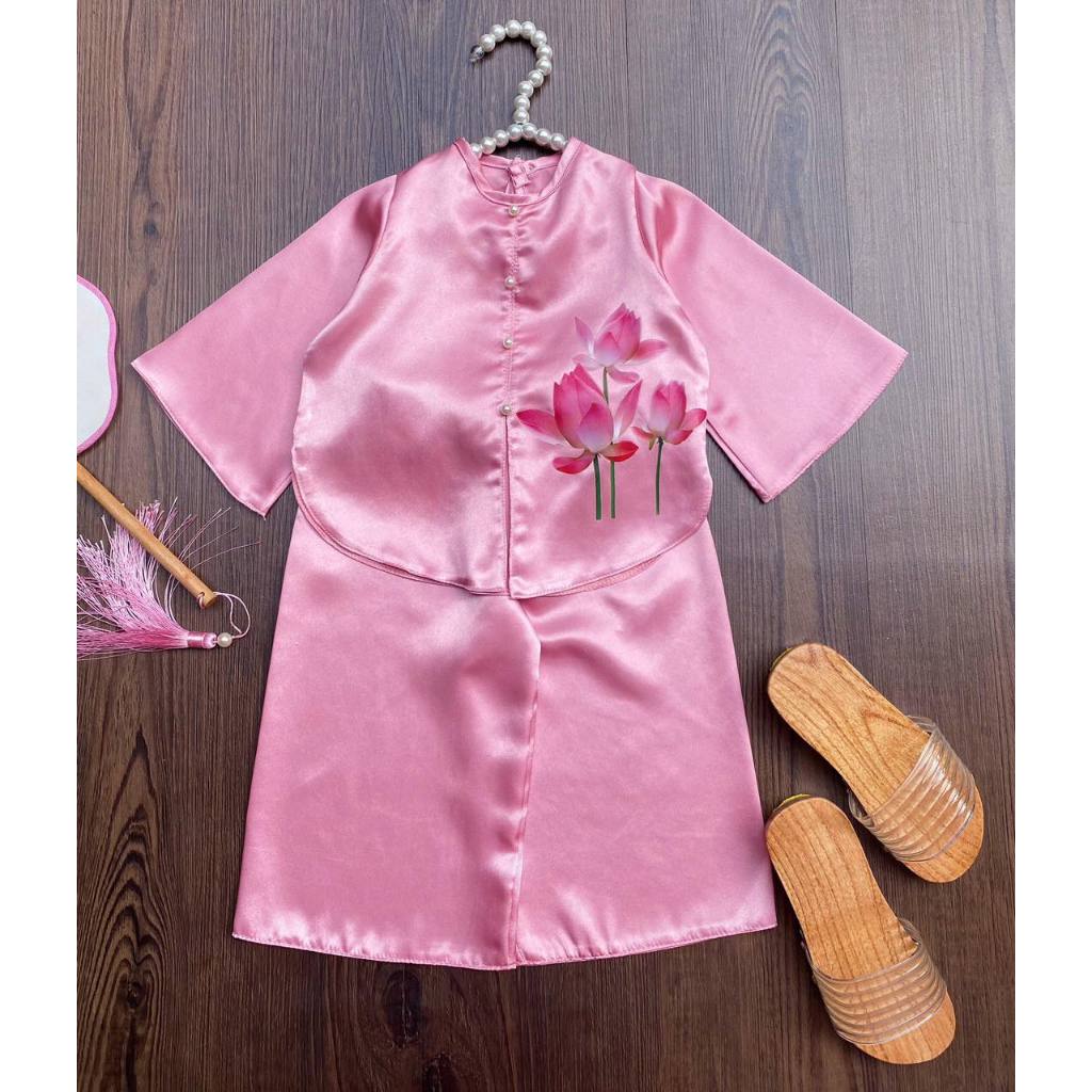 Bộ bà ba màu hồng hoa sen vải lụa mềm mặc đi chùa, chơi Tết 2024 size 6-24kg