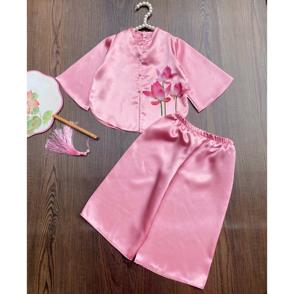 Bộ bà ba màu hồng hoa sen vải lụa mềm mặc đi chùa, chơi Tết 2024 size 6-24kg