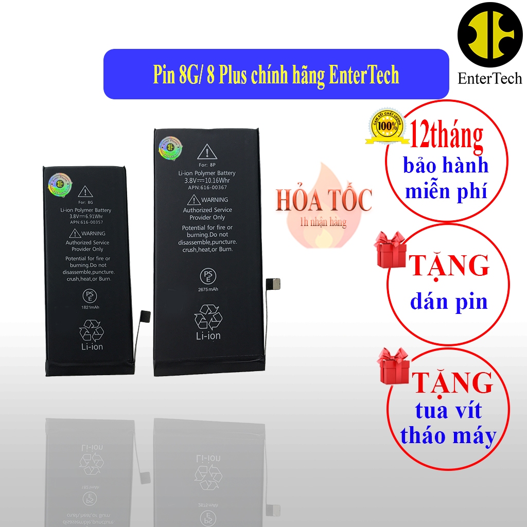 Pin dùng cho ĐT 8G/ 8 Plus chính hãng EnterTech bảo hành 12 tháng.