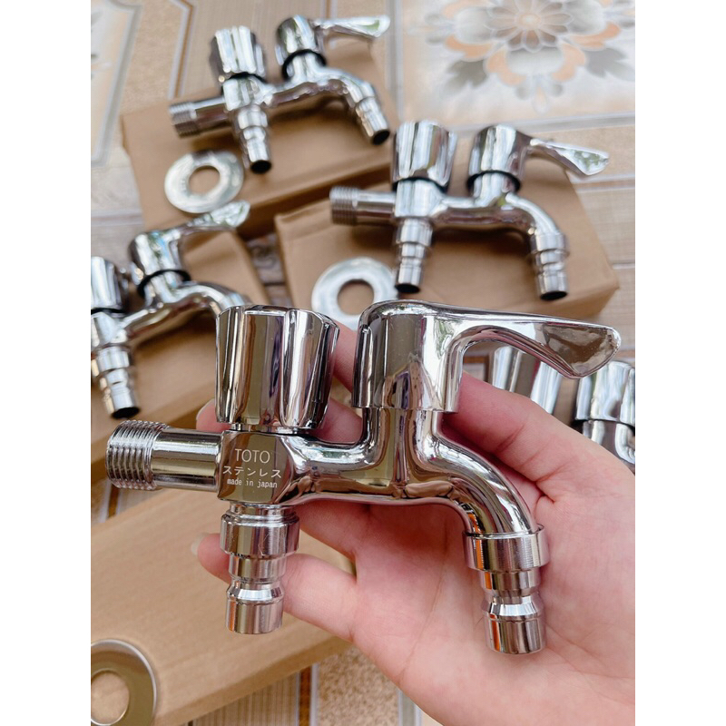 Vòi nước đôi 2 đầu ra , vòi nước inox 304 bóng cao cấp