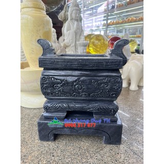 Lư hương, bát hương, bát nhang chạm rồng thờ cúng đá cẩm vân đen kèm đế - Cao 40cm